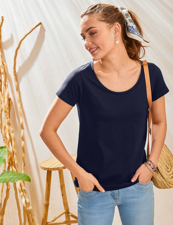 Effen T-shirt met ronde hals en korte mouwen, katoen (marine) Effen T-shirt met ronde hals en korte mouwen, katoen (marine)